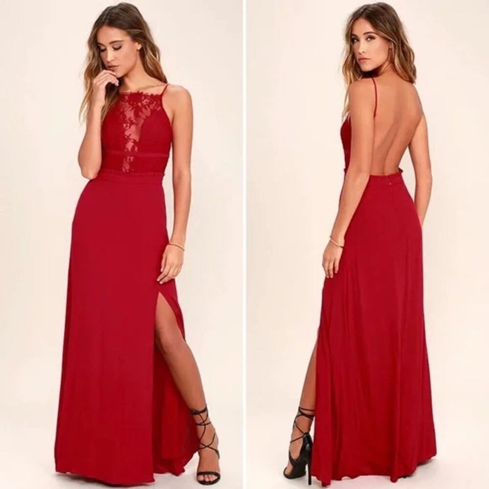 NBD Stephania Red Lace Sleeveless Backless Sheer Maxi Dress Slit Women's Size XS